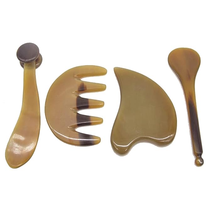 i-lan 4 Pack OX Horn Gua Sha Tool Sets, Chinese Scraping Board, Massage Comb Reflexology Stick Gua Sha Spoon Board for Face, Body, Neck Releasing, Muscle Pain Reducing