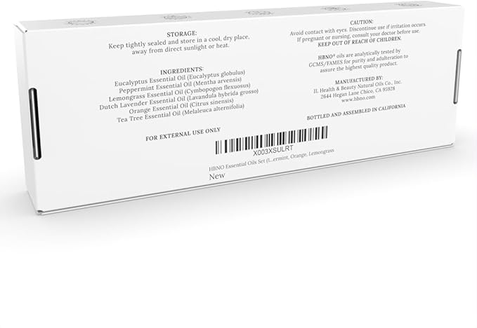 HBNO Essential Oils Set (10ml) - Top 6 Essential Oils. Ideal for Aromatherapy, Soap Making, and Skincare and More - Lavender, Eucalyptus, Tea Tree, Peppermint, Orange, Lemongrass