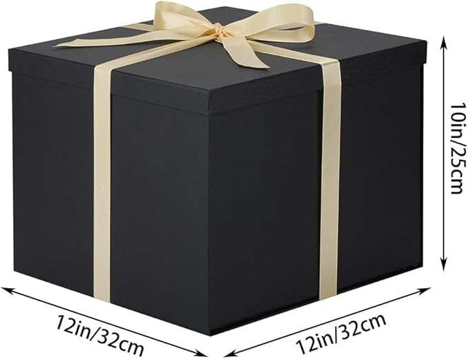 Large Gift Box with Lid 12.5x12.5x10 Inches, Black Gift Boxes for presents Packaging for Birthdays, Valentine's Day, Christmas, Anniversaries (Include Shredded Paper Fill, Envelope Card Ribbon)