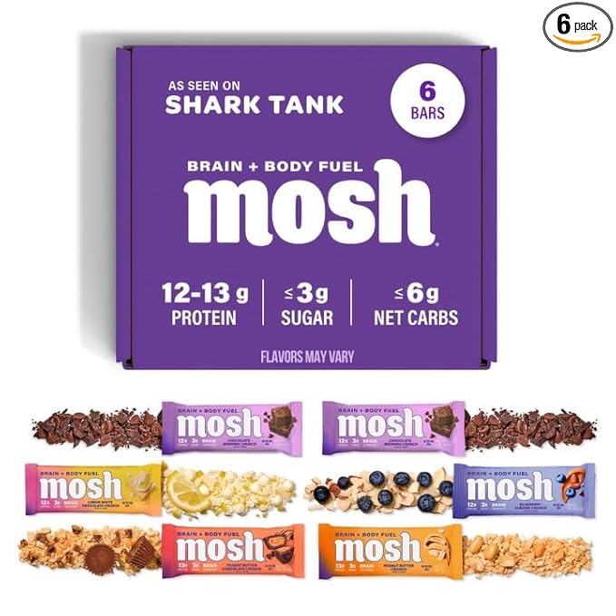 MOSH Variety Pack Keto Protein Bars, High Fiber, Low Carb, Gluten Free, High Protein, Brain Healthy Snack with Ashwagandha, Lion's Mane, 6 Count