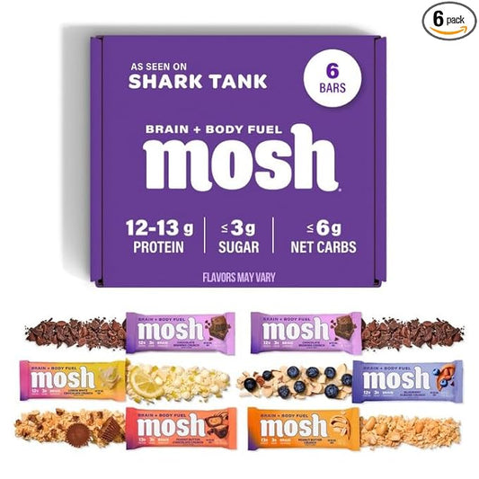 MOSH Variety Pack Keto Protein Bars, High Fiber, Low Carb, Gluten Free, High Protein, Brain Healthy Snack with Ashwagandha, Lion's Mane, 6 Count