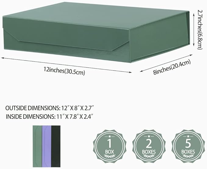 1 Pack Green Gift Boxes with Lids Small 12 x 8 x 2.7 Inches Clothes Gift Boxes for Presents Shirt Gift Box with Ribbon Magnetic Gift Box Bulk Cute Box for Packaging (Glossy Surface)
