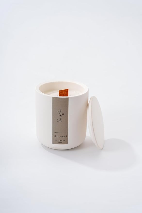 Candles for Home Scented – 10oz Hand Poured Aromatherapy Vanilla Candle Soy Wax Candles in Elegant Ceramic Jar – Crackling Wooden Wick Decorative Candle with 60 Hours Burn Time