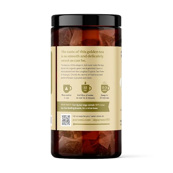 Paromi Jasmine Organic Green Tea, Signature Jar, 15 Count (Pack of 6)