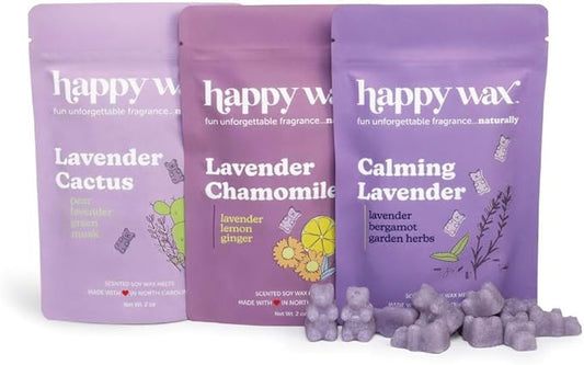 Happy Wax Lavender Lovers Collection Scented Natural, Non Toxic Soy Wax Melts – 6 Total Oz. - Includes: LavenderCactus, LavenderChamomile and CalmingLavender