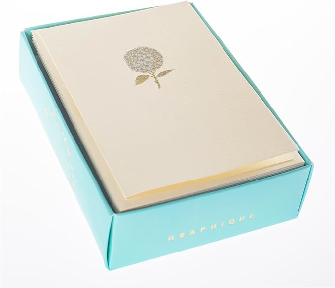 Graphique Hydrangea La Petite Presse Boxed Notecards - 10 Embellished Gold Foil Blank Cards with Matching Envelopes and Storage Box, 3.25" x 4.75" (L1346CB)