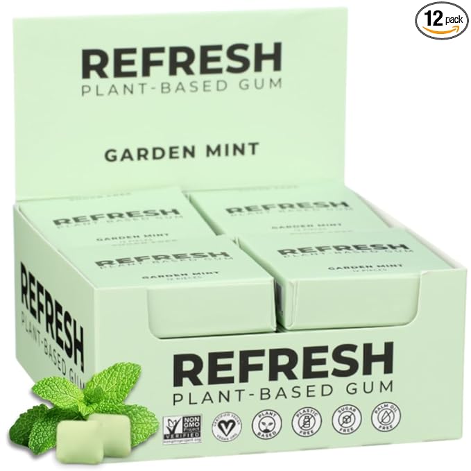 Refresh Gum, Xylitol, Natural, Sugar Free, Plastic Free, Natural Flavors & Organic Ingredients, Plant-Based, Low Calorie, Non GMO, Gluten Free, Vegan, Garden Mint Flavor, 12 Pcs, 12 Pack