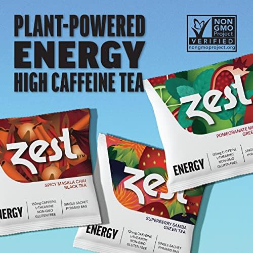 Zest 135-150mg High Caffeine Energy Leaf Blends - Variety Mini Sampler Pack - Black Tea & Green Tea - 6 Tea Bags - Natural Strong Flavored Healthy Coffee Alternative Highly Caffeinated Keto Substitute