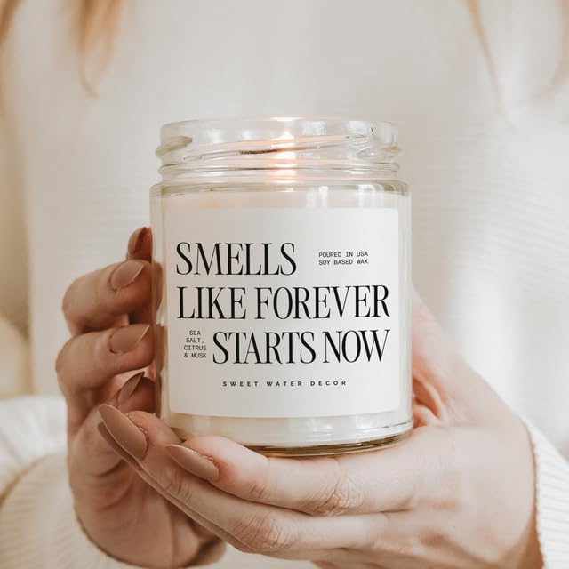 Sweet Water Decor Smells Like Forever Starts Now Candle, Wedding Candle, 9oz Jar with Gold Lid, Sea Salt Citrus Musk Amber Scent, Non-Toxic Soy Wax, Engagement Gift for Bride, Bridal Shower, Newlyweds