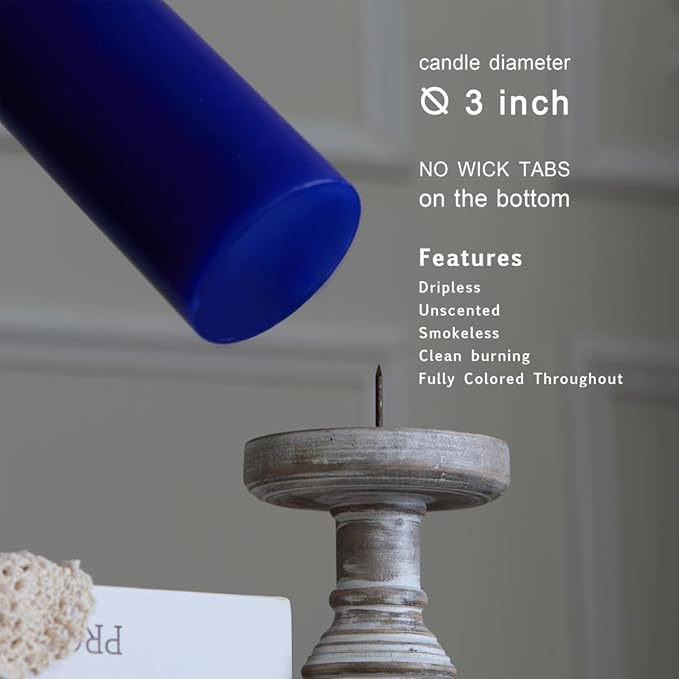 MOZEAL 3" x 8" Hand-Poured Unscented Large Candle, Smokeless Rustic Pillar Candle Set of 2, Slow Burn,No Drip, Approx 150 Hours Burning,Wedding,Dinner,Winter and Home Decorative,Tall Royal Blue Candle