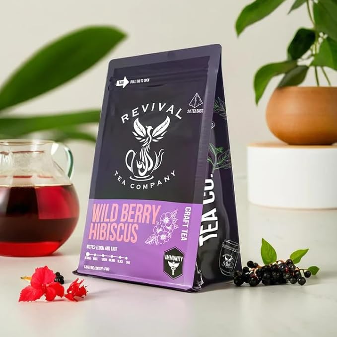 Revival Tea Company Wild Berry Hibiscus Tea - Herbal Tea Blend with Elderberry and Natural Wild Berry Flavor - Caffeine Free - 24 Tea Bags