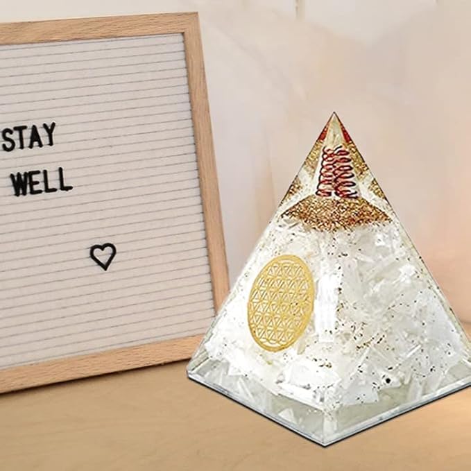 Orgone Selenite Pyramid with Flower of Life – Handmade Orgonite Energy Generator for Meditation, Reiki Healing & Positive Energy