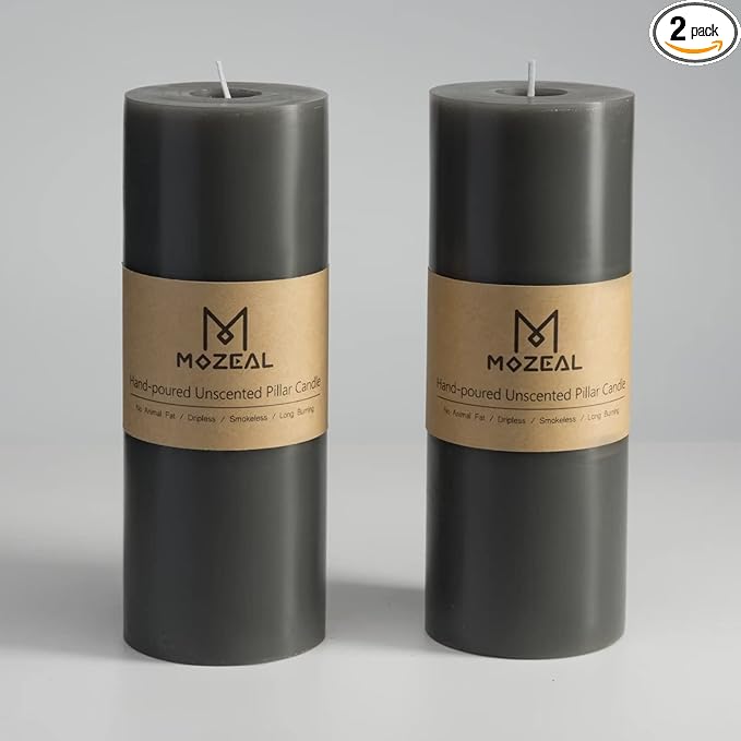 MOZEAL 3" x 8" Hand-Poured Unscented Large Candle,Smokeless Rustic Pillar Candle Set of 2,Slow Burn,No Drip,Approx 150 Hours Burning,Wedding,Dinner,Christmas and Home Decorative,Tall Dark Gray Candle