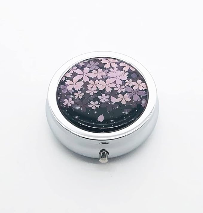 Cherry Flowers Pill Box Purse Pocket Small Round Silver Pill Case Decorative Box Metal Medicine Vitamin Pill Organizer Portable Unique Gift