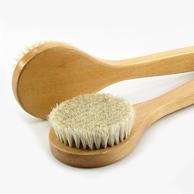 11.8 Inch Long Wooden Handle Dry Body Brush Back Scrubber, Bath Shower Brush Scrubber with Soft Horsehair Mane Natural Bristles, Good for Cellulite, Detox, Exfoliating, Blood Circulation,etc.