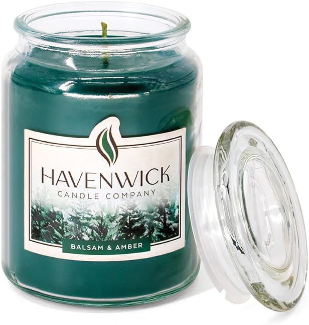Havenwick Balsam & Amber Soy Blend 22-oz Large Jar Candle, Long Lasting 110-130 Hour Burn Time with Single Cotton Wick, Perfect Holiday Pine Scented Candles for New Home Gift & Christmas Gift