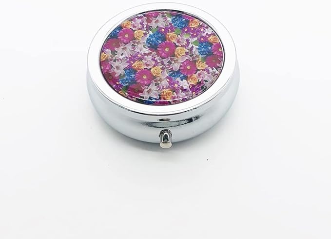 All Flowers Bloom Together Pill Box Purse Pocket Small Round Silver Pill Case Decorative Box Metal Medicine Vitamin Pill Organizer Portable Unique Gift