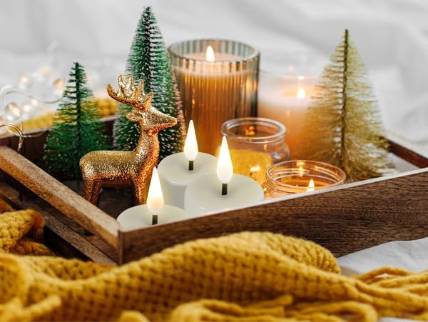 Eywamage Ivory Flameless Wax Tealights with Remote Batteries, Flickering Realistic LED Tea Votive Candles Set of 10