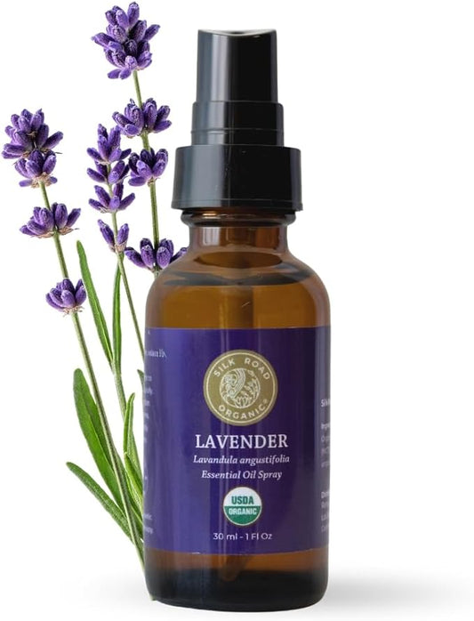 Silk Road Organic Lavender Essential Oil Spray, Lavandula Angustifolia, 100% Pure USDA Certified Aromatherapy for Calming, Relaxation & Skin – 1 oz Spray - Always Pure, Always Organic