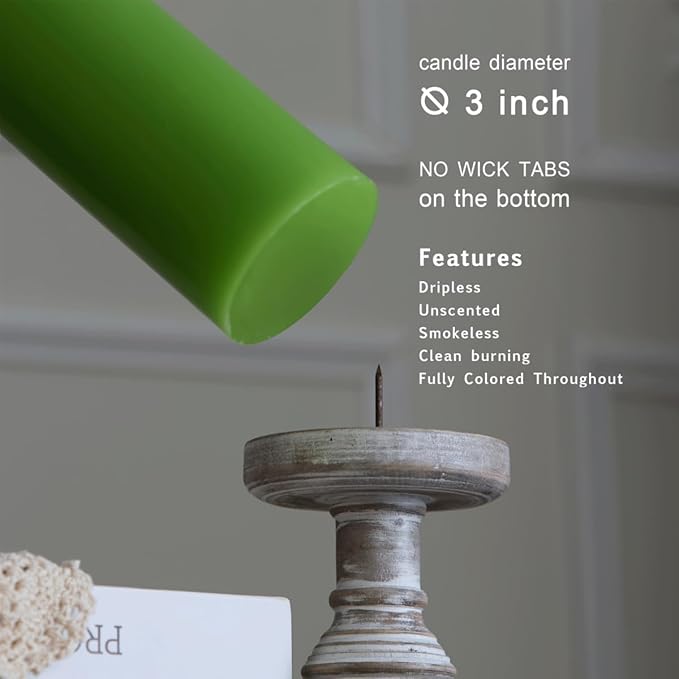 MOZEAL 3" x 4" Hand-Poured Unscented Candle, Dripless Pillar Candle Set of 3, Long Clean Burning, Approx 72 Hours Burn Time, Rustic Country Style, Wedding, Spring, Home Decor, Lime Green