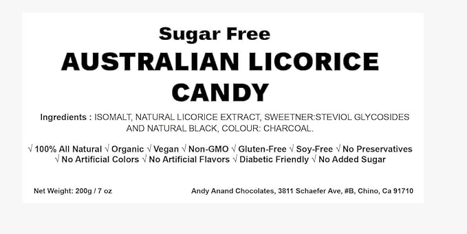 Andy Anand Sugar Free Soft Australian Licorice Gummy, Vegan & Halal, Sweetened with Natural Stevia, Delicious Gluten Free, Perfect for Diabetics, Made in Italy Individually Wrapped - (80 Pcs 7 Oz