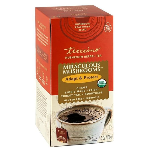 Teeccino Miraculous Mushrooms Adapt & Protect Herbal Tea By Teeccino, 25 Tea Bags - Five Organic Adaptogenic Mushrooms with Chicory & Cacao, 3x More Herbs than Regular Tea Bags, Caffeine Free, Prebiotic