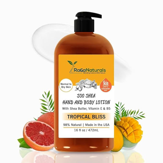 RaGaNaturals Natural Mango Body Lotion for Dry Skin - Tropical Bliss Moisturizer with Shea Butter, Vitamin E, B5, Argan & Avocado Oil - Refreshing Fruity Scent, Plant Based, Non-Greasy, Vegan - 16 Oz