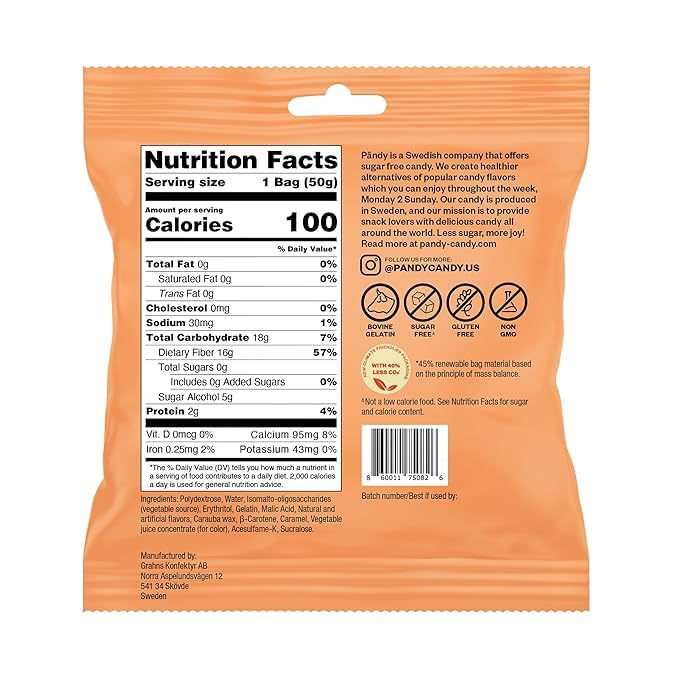 PANDY, Swedish Sugar Free Candy, Peach Rings (1.8 Ounce Bags, Pack of 4) - Diet Candy, Healthy, Keto Gummy, Low Calorie Sweets