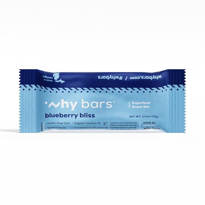 Why Bars, Protein Bars, Blueberry Bliss, 2.04 Ounce Bars (Pack of 12 Protein Bars) - Protein Bar Superfood, Gluten Free, Non GMO, Organic, Vegan, Simple Ingredients