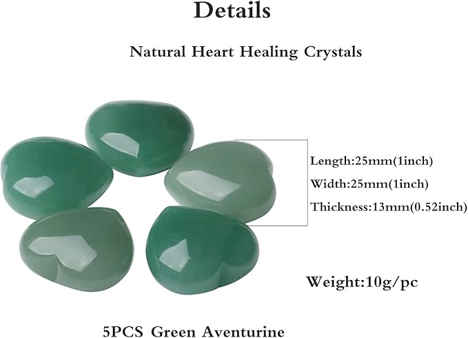 YATOJUZI 5PCS Green Aventurine Natural Heart Healing Crystals 1" Love Stones Sets Bulk Polished Pocket Palm Thumb Gemstones Energy Reiki Balancing Meditation Therapy