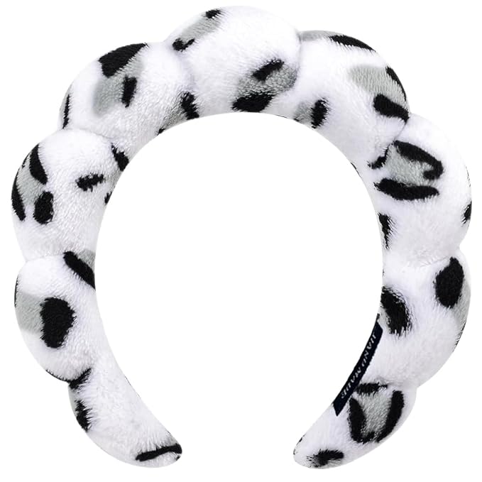 Spa Headbands for Washing Face or Makeup, Sponge Bubble Skincare Headbands, Puffy Terry Cloth Hairband for Women, Skin Care Makeup Headwear Hair Accessories for Girls(Leopard White)