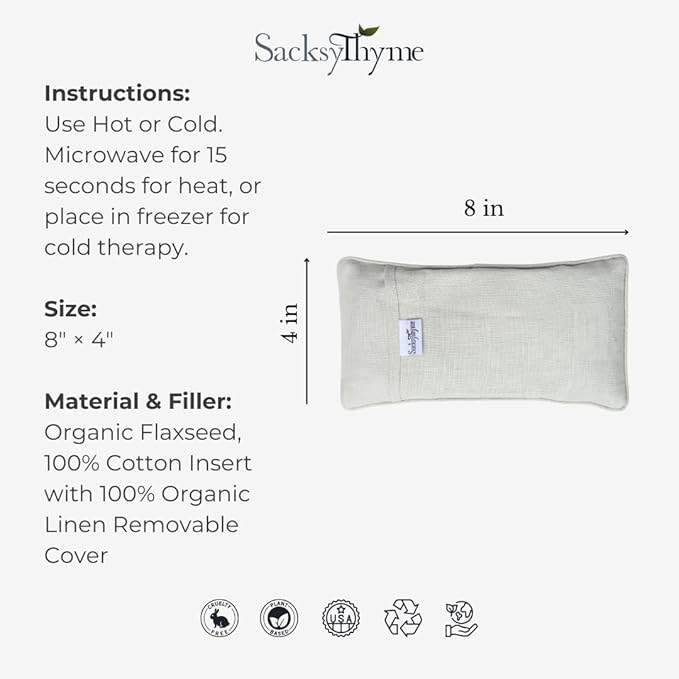 Sacksy Thyme Organic Linen Eye Pillow - Lavender & Flaxseed for Relaxation, Yoga, Stress Relief - Microwavable Heating Pad & Cool Compress - Made in USA - Gifts for Meditation