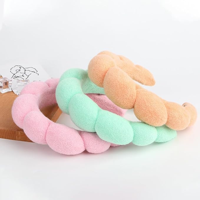 Spa Headbands for Washing Face or Makeup, Sponge Bubble Skincare Headbands, Puffy Terry Cloth Hairband for Women, Skin Care Makeup Headwear Hair Accessories for Girls(Khaki)