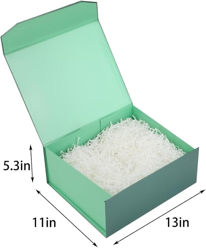 1 Pcs Green Gift Box Large 13x11x5.3 Inch Large Black Gift Box Large Magnetic Gift Box with Crinkle Paper Green Large Gift Box with Shredded Paper Luxury Gift Boxes with Lids for Presents