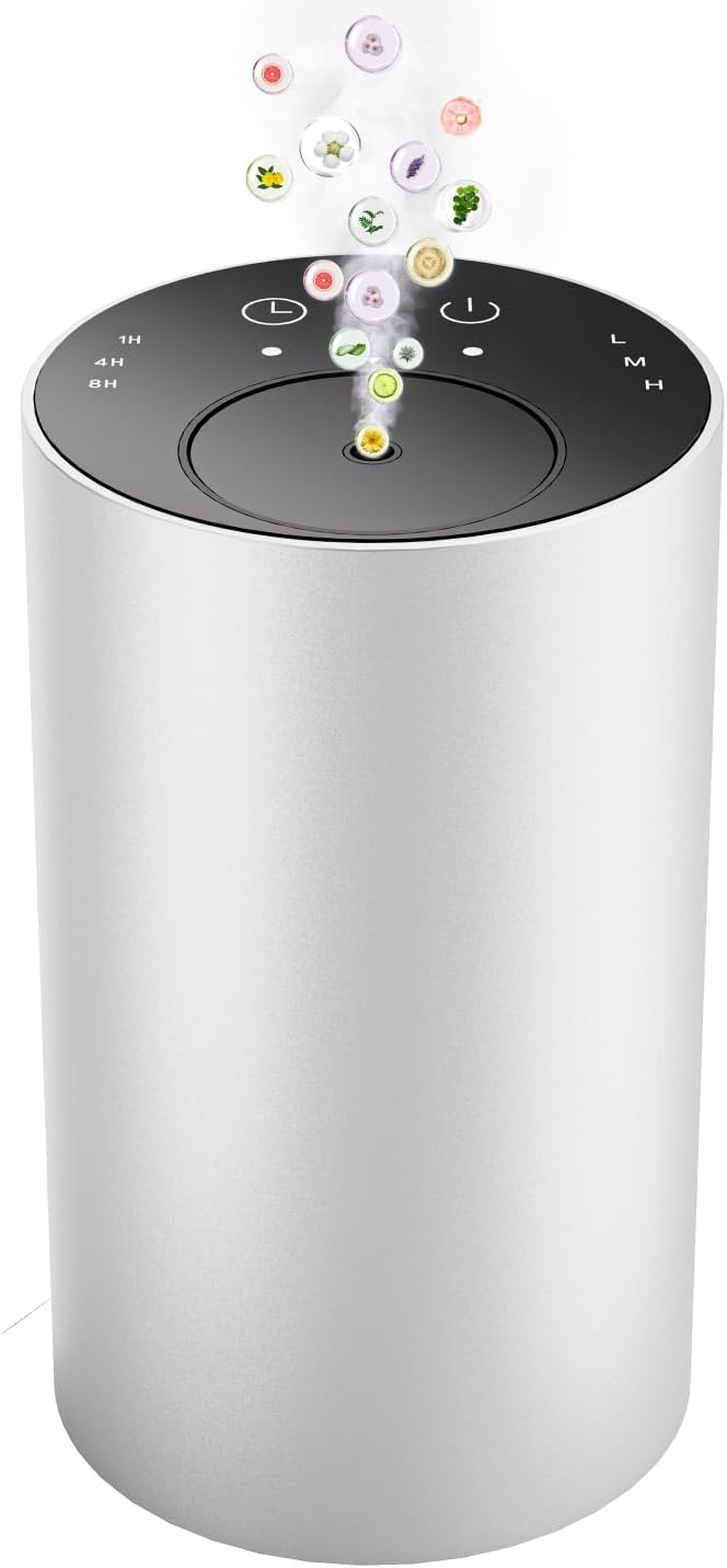 Essential Oil Diffuser with 3 Spray Modes, Battery Operated, LED Timing Display, Aromatherapy Diffuser, 1/4/8-Hour Timer, 10ml Oil Bottle, and 3 Mist Settings for Home, Car (New Silver)
