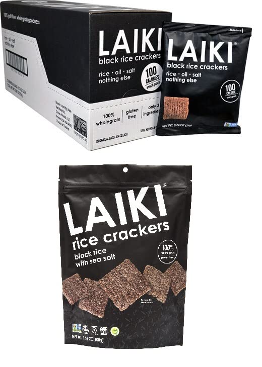LAIKI Black Rice Crackers Combo | Gluten-free Healthy Snack | Vegan Savour Snack | NON-GMO Certified | Flavorful Snack | Diabetic Friendly | 100% Wholegrain | 12 Packs of 21 grams with 1 pack of 3.53