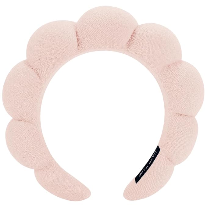 Spa Headbands for Washing Face or Makeup, Sponge Bubble Skincare Headbands, Puffy Terry Cloth Hairband for Women, Skin Care Makeup Headwear Hair Accessories for Girls (Beige)