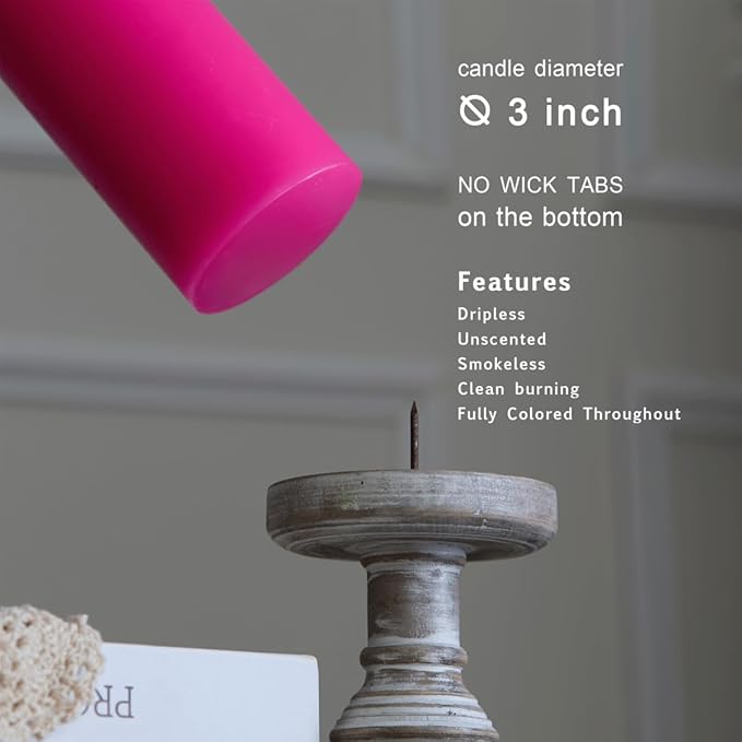 MOZEAL 3" x 6" Hand-Poured Unscented Candle, Dripless Pillar Candle Set of 3, Long Lasting Burning, Approx 120 Hours Burn Time, Rustic Country Style, for Spring Celebrations, Vibrant Energy, Hot Pink