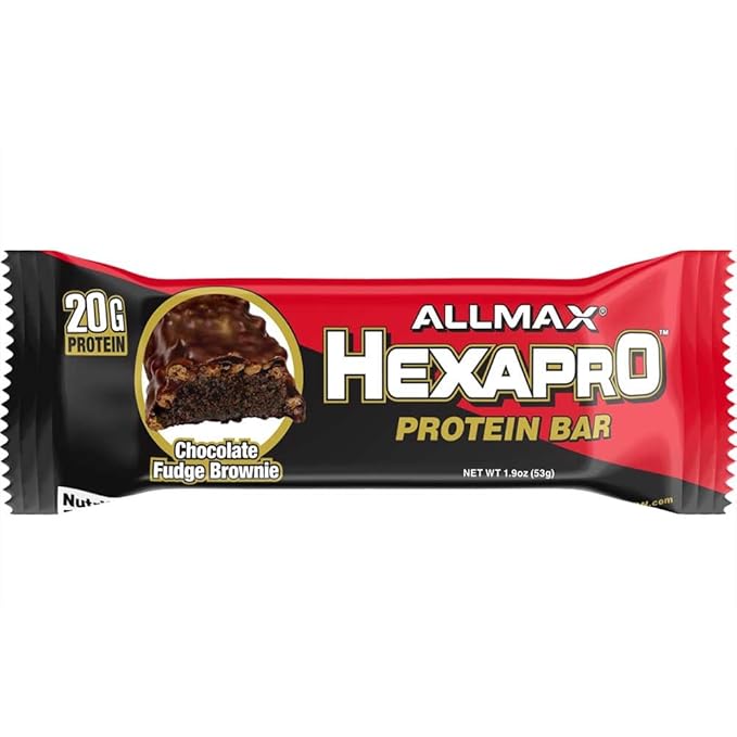 ALLMAX HEXAPRO PROTEIN BAR, Chocolate Fudge Brownie - Pack of 12 - High-Protein Energy Snack - 20 g of Protein Per Bar - With Whey Protein Isolate