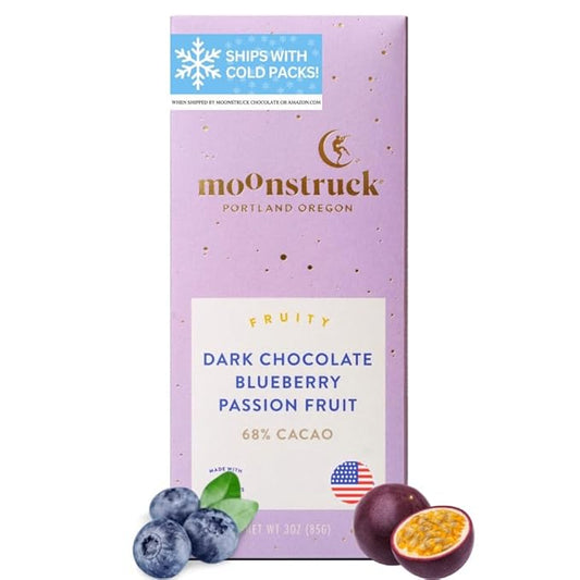 Moonstruck Chocolate Blueberry and Passion Fruit Dark Chocolate Bar, 68% Cacao, 3.0oz (Pack of 1)