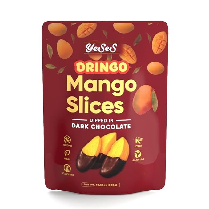YeSeS Dringo Mango Slices Dipped in Dark Chocolate – Premium Dried Mango Snack, Non-GMO, Vegan, Kosher, All-Natural, No Additives, 10.58 oz (300g) Resealable Bag (2 Pack)