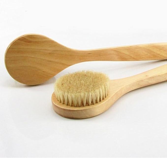 11.8“ Long Handle Dry Bath Body Brush Back Scrubber, Wooden Handle Shower Brush with Natural Boar Bristles, Good for Exfoliating, Cellulite, Detox, Blood Circulation, etc.