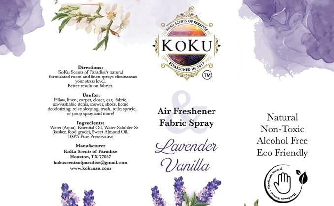 Lavender Vanilla Air Freshener - Room Spray - Odor Eliminator - Deodorizer - Car Air Freshener - Home Spray - Linen Spray - Fabric Refresher - None Toxic - Alcohol Free - Made in USA (4 Oz)