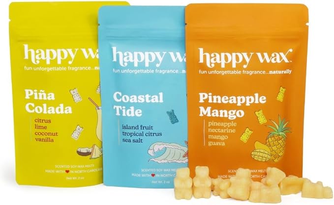 Happy Wax Beach Mix Premium Scented Natural, Non Toxic Soy Wax Melts – 6 Total Oz. of Scented Wax Melts. Includes: Pina Colada, Coastal Tide, and Pineapple Mango
