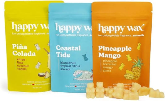 Happy Wax Beach Mix Premium Scented Natural, Non Toxic Soy Wax Melts – 6 Total Oz. of Scented Wax Melts. Includes: Pina Colada, Coastal Tide, and Pineapple Mango
