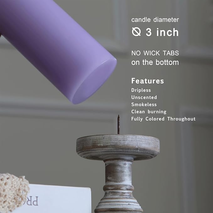 MOZEAL 3" x 8" Hand-Poured Unscented Large Candle, Smokeless Rustic Pillar Candle Set of 2, Slow Burn, No Drip, Approx 150 Hours Burning, Wedding, Relaxation and Home Decorative, Tall Lavender Candle