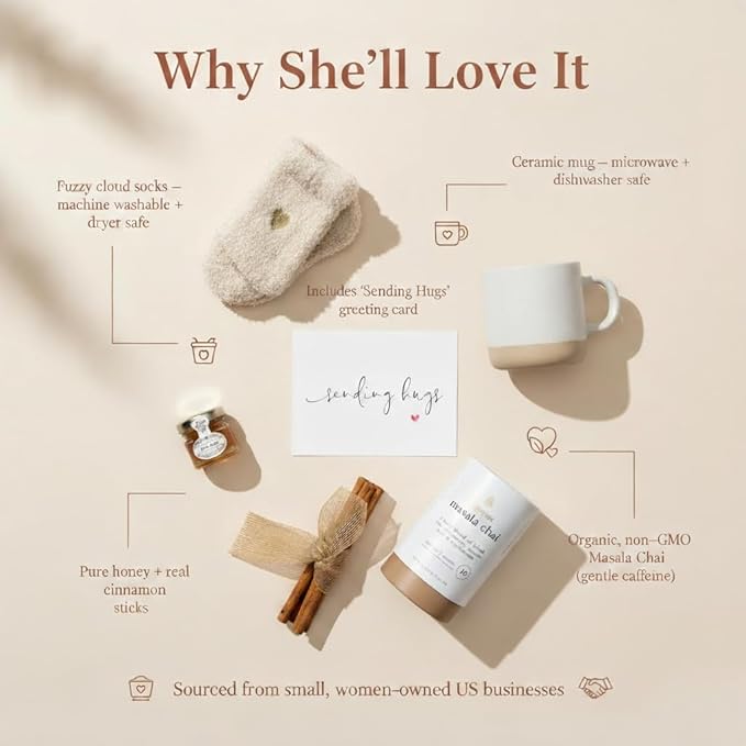 Unboxme Sending Hugs Comforting Gift Basket for Women - Soothing Self Care Box with Fluffy Socks, Ceramic Mug, Chai Tea, Honey & Cinnamon for Mom, Sister, Friends and Coworkers