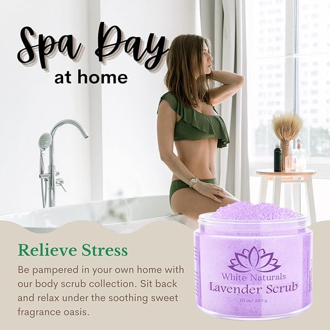 Lavender Oil Body Scrub, Organic Exfoliator for Soft Skin, Pure Exfoliate, Deep Cleanse, Natural Women Exfoliating Dead Sea Salt Face Scrub, Moisturizing Skin, Acne, Cellulite, Scars, LARGE 12oz Jar