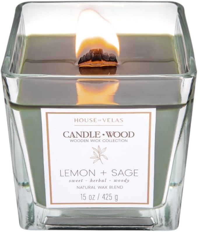 Candle Wood Collection, 15 oz, 1 Wooden Wick, Lemon + Sage, Square Glass Jar Candle
