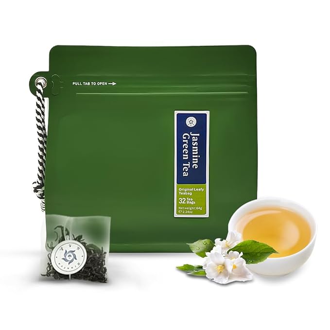 RIANTEA Jasmine Green Tea Bags - 32 Individually Wrapped Teabags (2.25oz/62g) - Low Caffeine, Smooth Flavor - Hot or Iced Tea - Original Leafy Tea